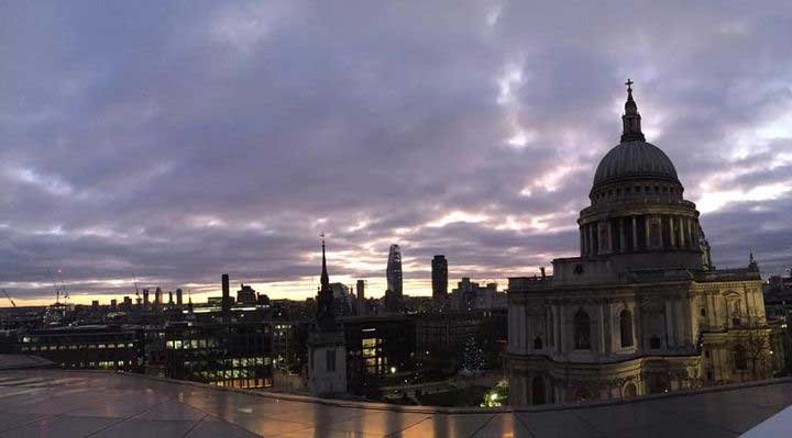 A panoramic shot of St Pauls and the London skyline at dusk.