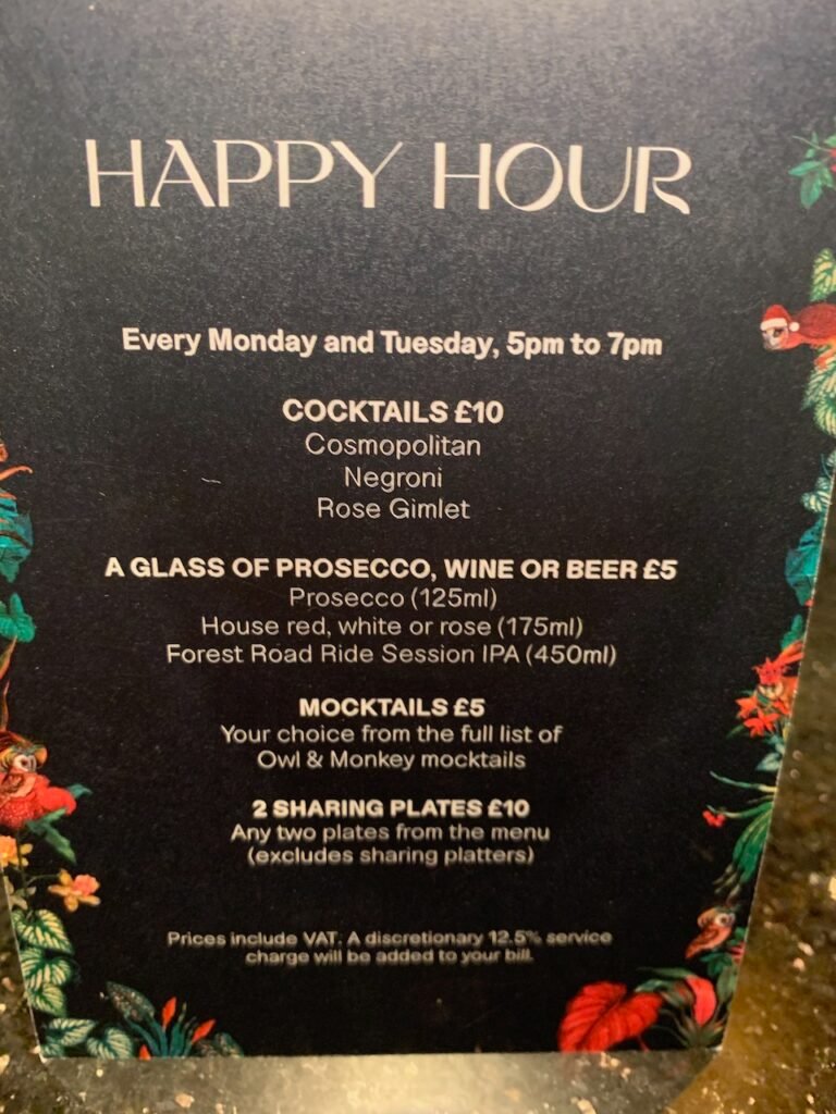 The Owl and Monkey Cocktail Bar Happy Hour Menu.