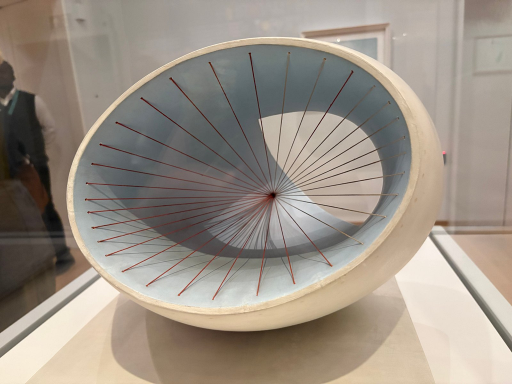 A Stone Barbara Hepworth Sculpture with a Pastel Painted Interior and String Detail